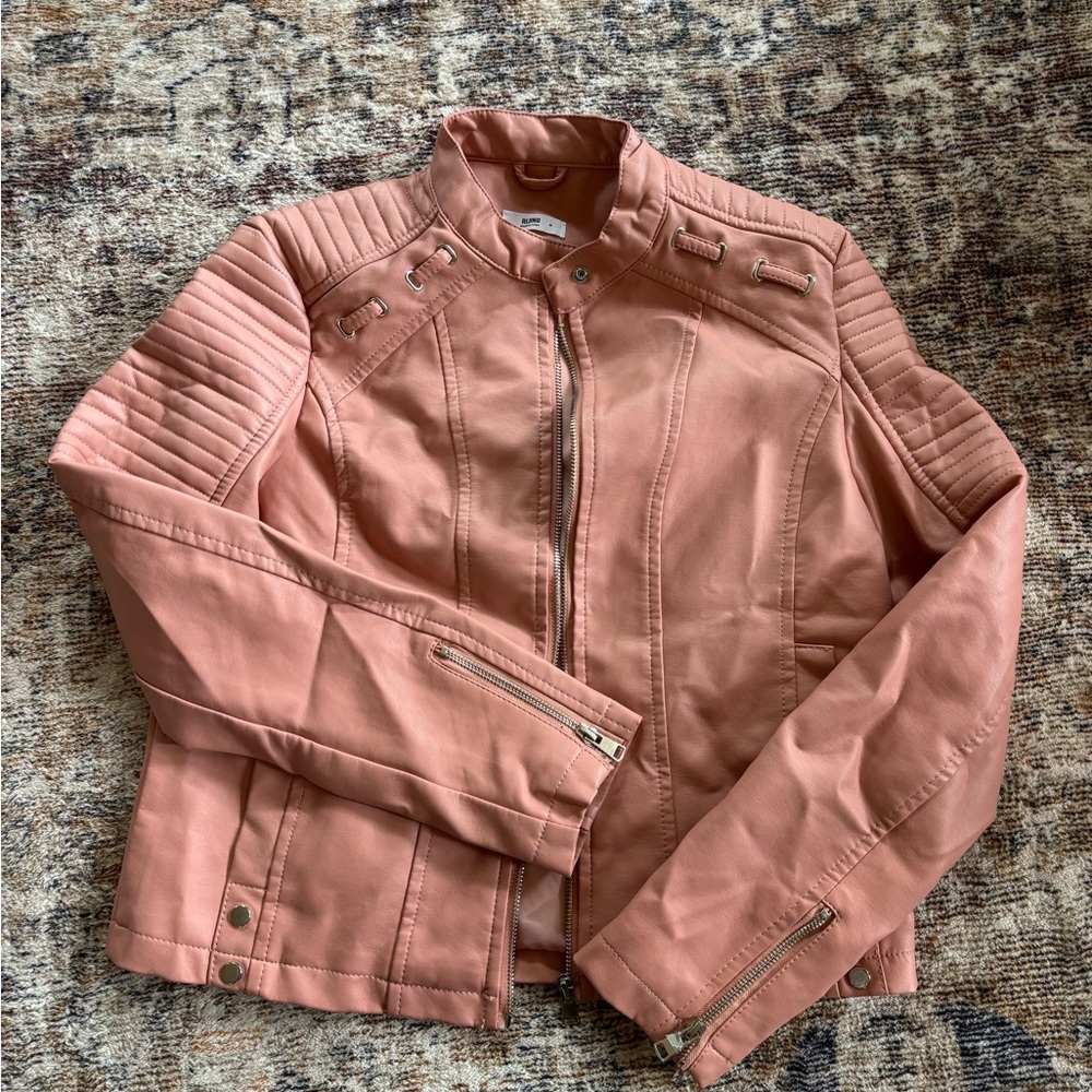 Pink Leather Moto Jacket with Quilted Shoulders and Asymmetrical Zipper
